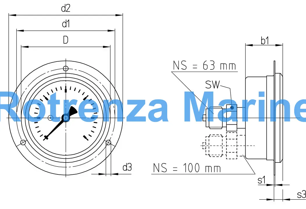 GAUGE PRESSURE W/GLYCERINE, REAR/FRONT -1-3BAR 80MM G1/2"